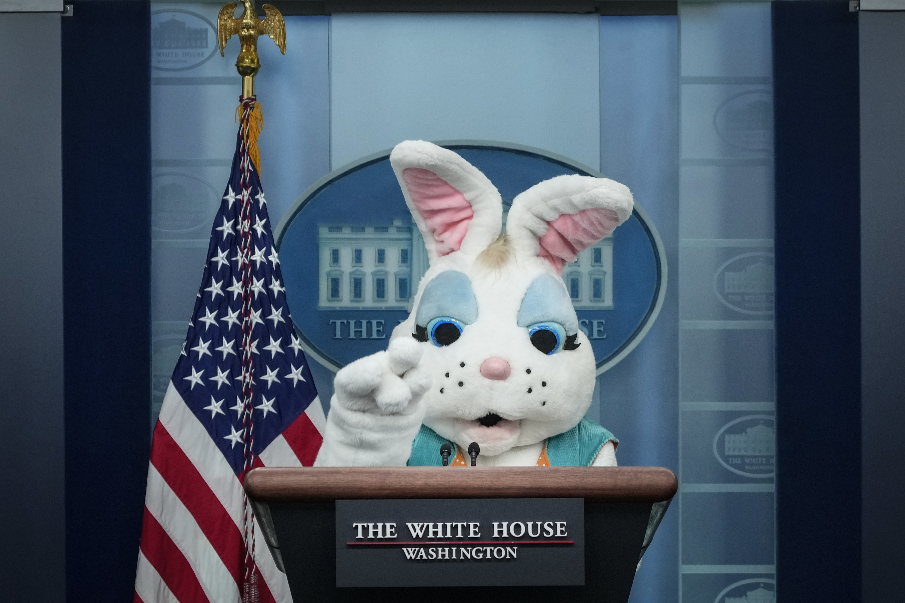 The ABBA Bunny stands behind the podium in the press room