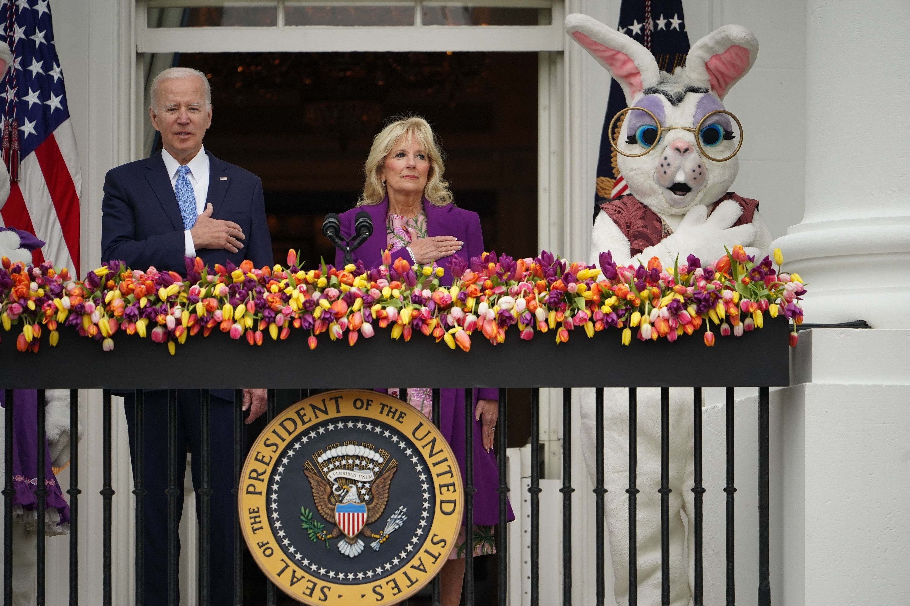 The Bidens and the shocked bunny have their hands on their hearts