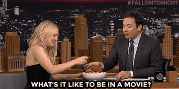 Jimmy Fallon and Dakota Fanning eating spaghetti and him asking her what it&#x27;s like to be in a movie