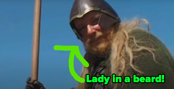 A Rider of Rohan with an arrow pointing to her face and the words &quot;Lady in a beard!&quot;