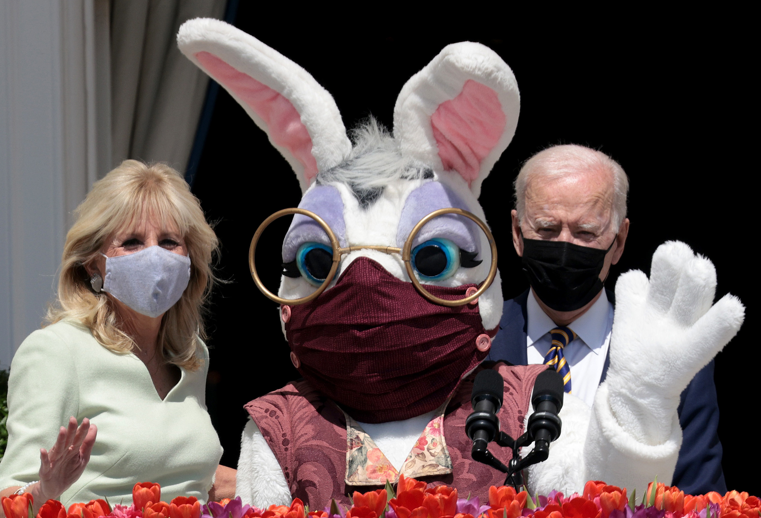 The Bidens wear face masks as does Shocked Bunny