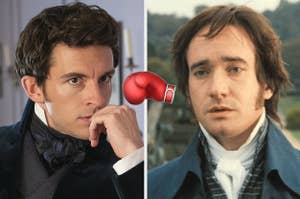 anthony bridgerton on the left and mr. darcy on the right