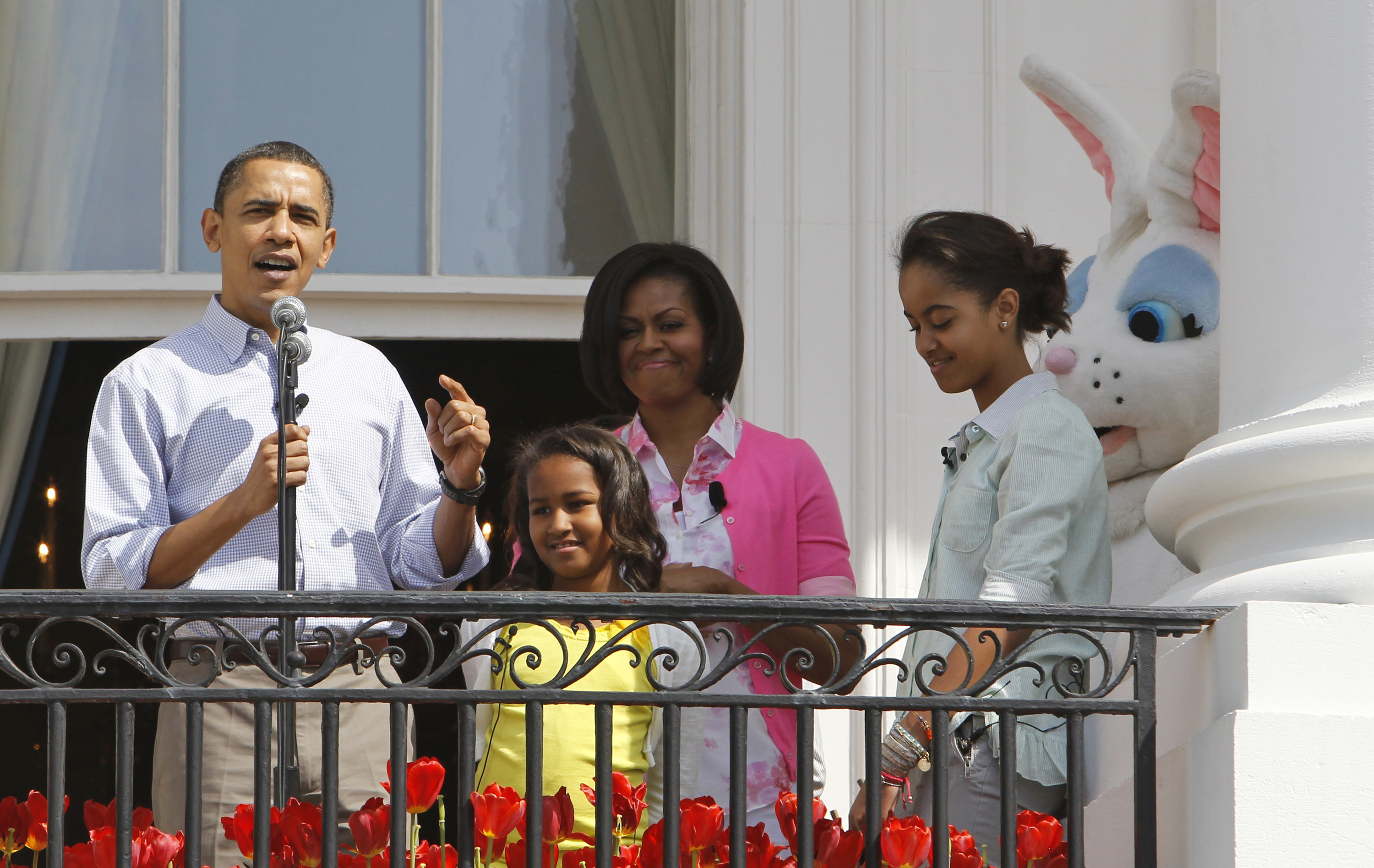 The Obama family is seen on a White House balcony next to ABBA Bunny