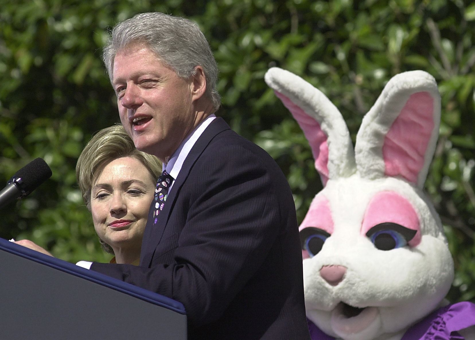 Pink Bunny watches Bill Clinton speak