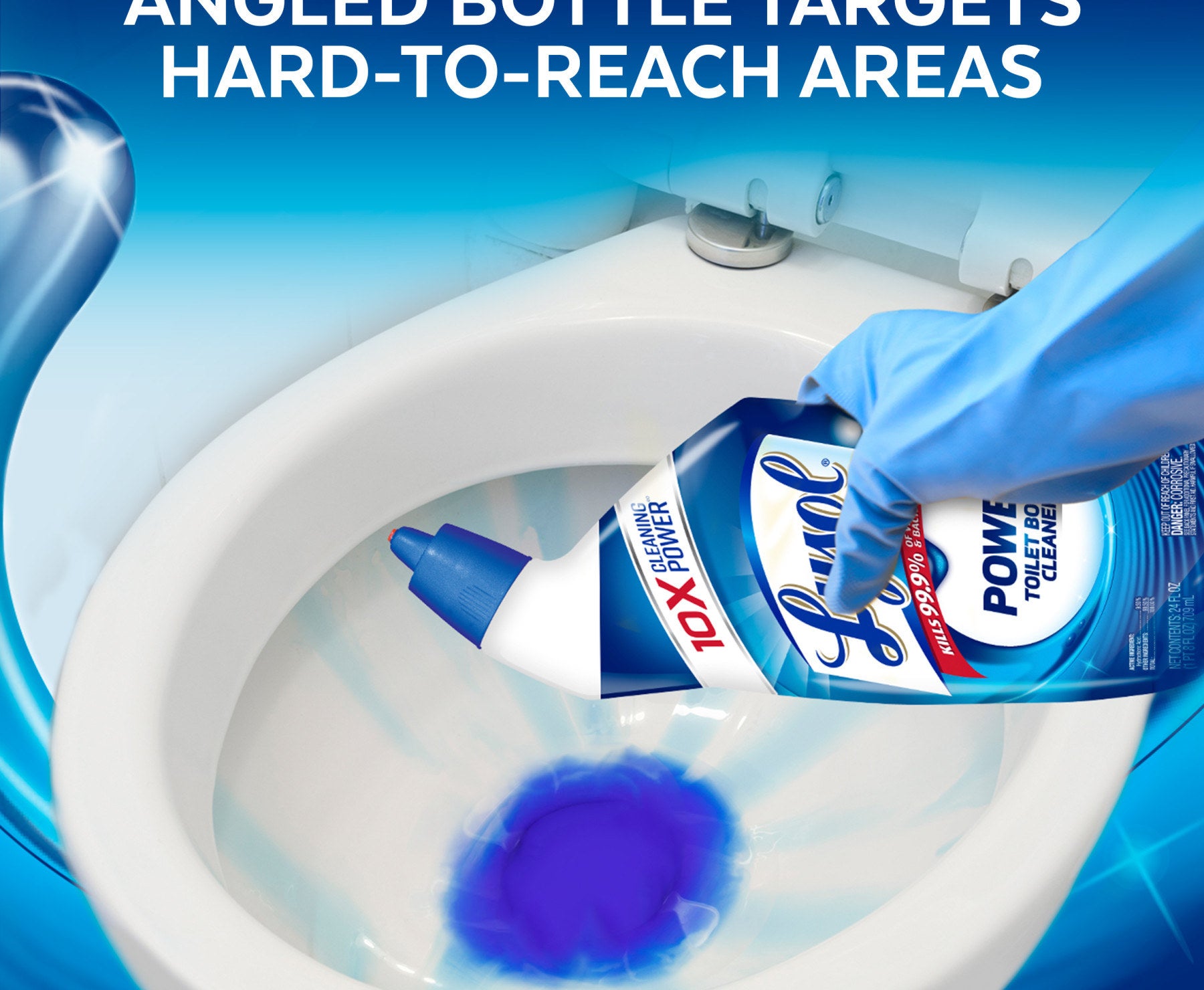 the blue Lysol toilet bowl cleaner inside white toilet bowl