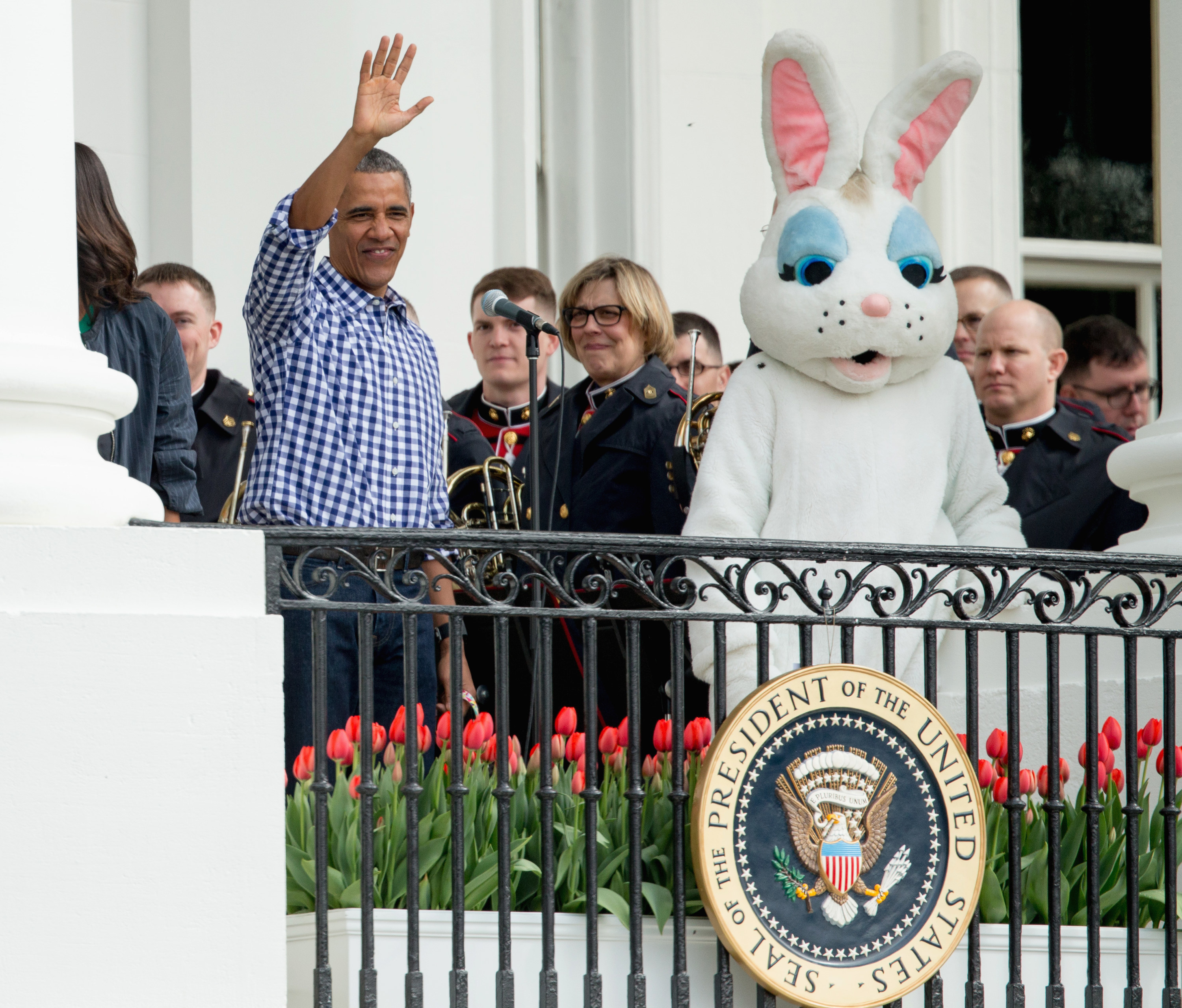 Obama is seen on a White House balcony next to ABBA Bunny