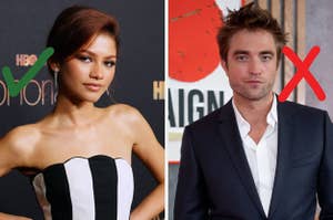 On the left, Zendaya with a check mark drawn next to her face, and on the right Robert Pattinson with an x drawn next to his face