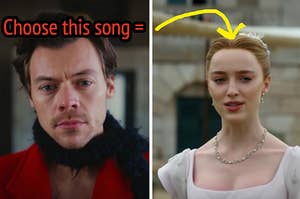 Harry Styles is on the left labeled, "Choose this song=" with an arrow pointing at Daphne on the right