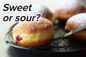 "Sweet or sour?" is written above jelly donuts