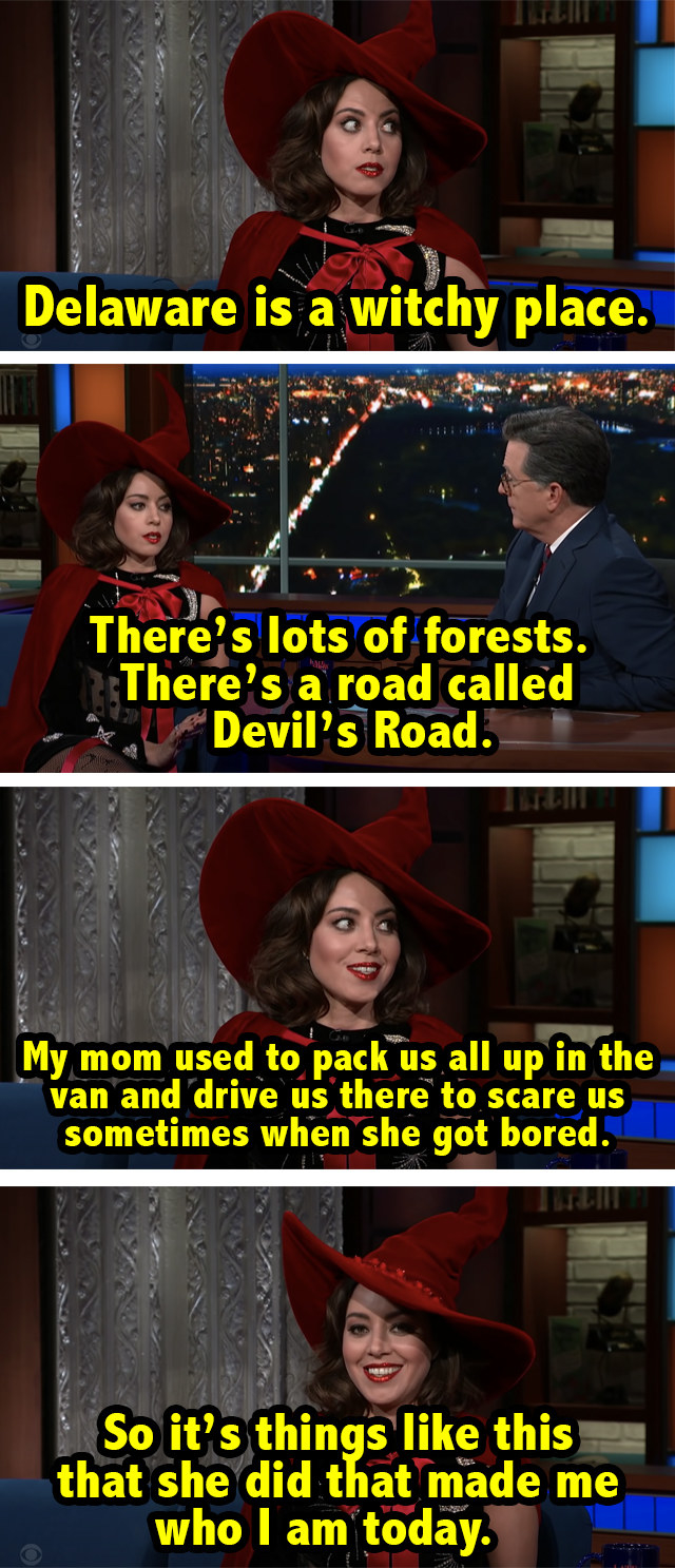 Aubrey calls Delaware a &quot;witchy place&quot; with lots of forests and says her mother used to drive them all to a road called &quot;Devil&#x27;s Road&quot; when she was bored to scare them