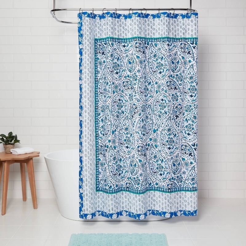 the blue and white paisley shower curtain