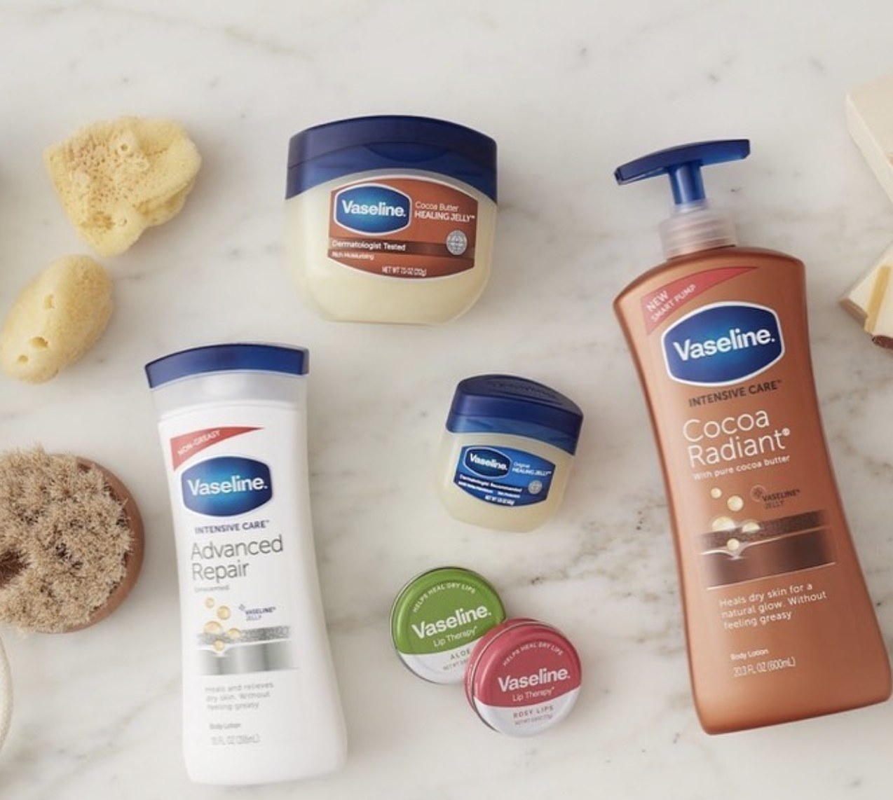 A set of lip balms, Vaseline, and body lotions