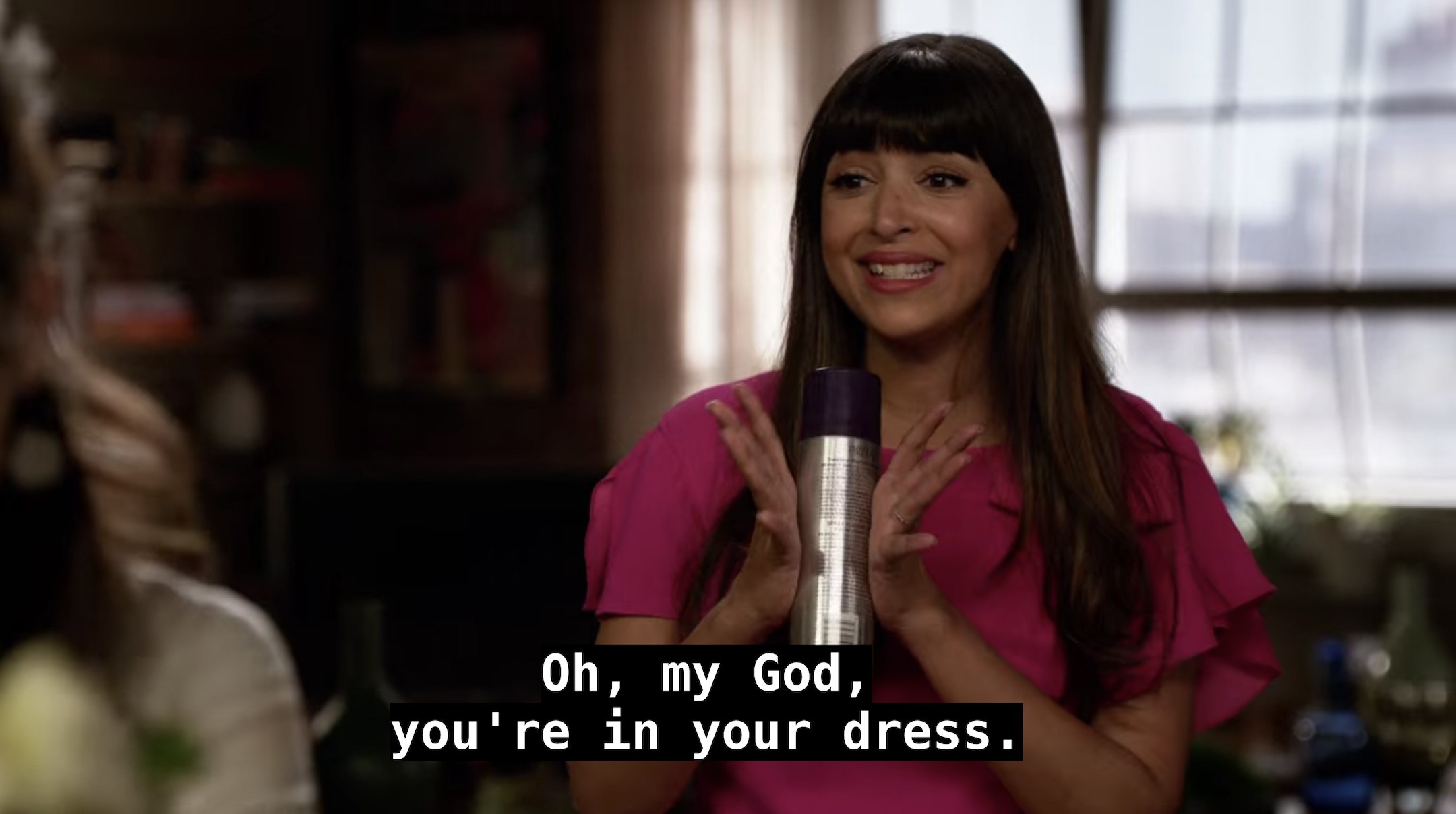 Jess is turned around and Cece says, Oh my god, you are in your dress