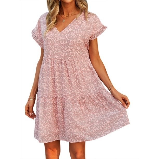 Gaun mini bunga Ditsy berwarna pink