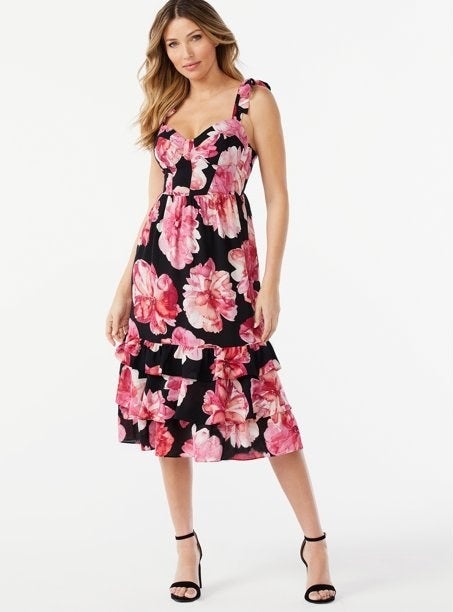 Floral midi dress with sweetheart bustier neckline