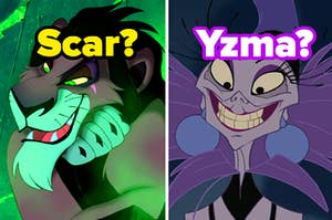 A close up of Scar smiling evilly and Yzma smiling brightly 