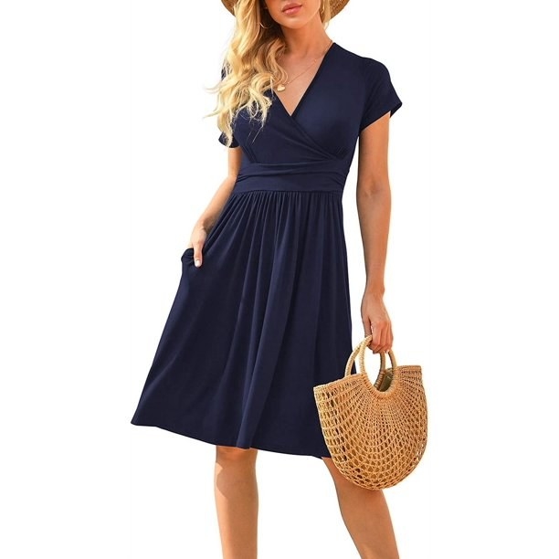 Short sleeve navy blue dress with pockets