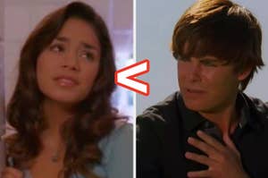 Gabriella Montez leans against her school hallway and a close up of Troy Bolton as he looks distressed