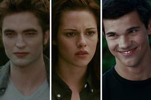 A close up of Edward Cullen looking sullen, Bella Swan looking concerned, and Jacob Black as he smiles brightly