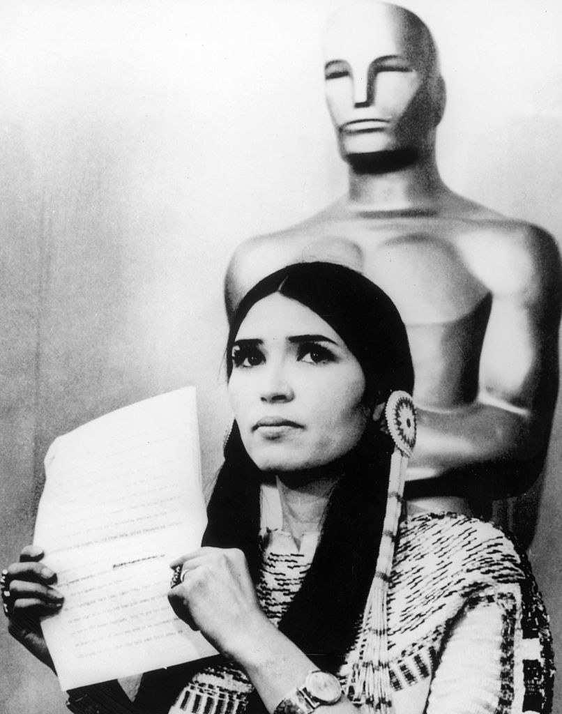 A closeup of Sacheen Littlefeather.