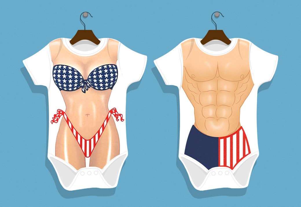 An illustration of two baby onesies with a male and female "beach body" printed on them