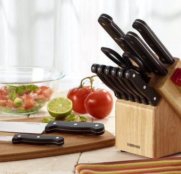 the 14-piece knife set and block on a counter