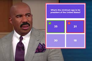 Steve Harvey looking off to the side and furrowing his brows next to a screenshot of the question what's the minimum age to be president of the United Staes