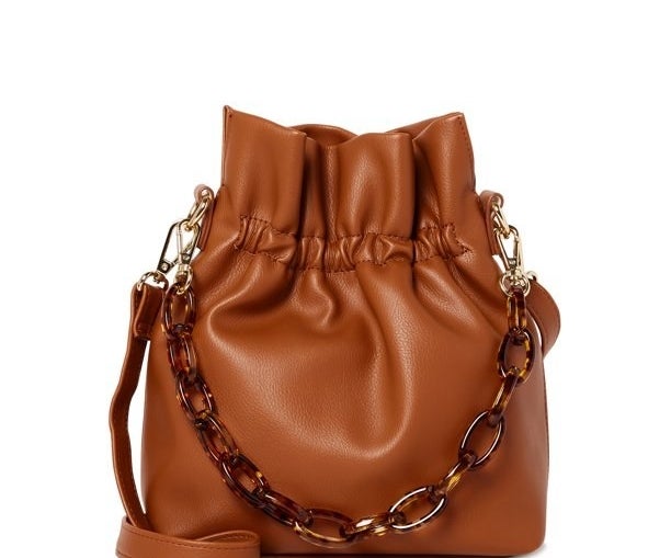 A brown leather bucket bag