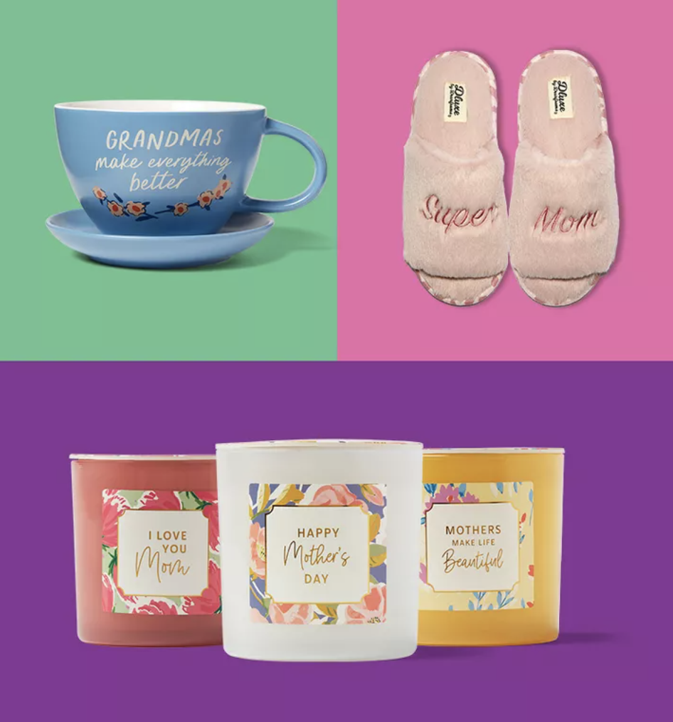 a collage of target items: a mug, slippers, candles