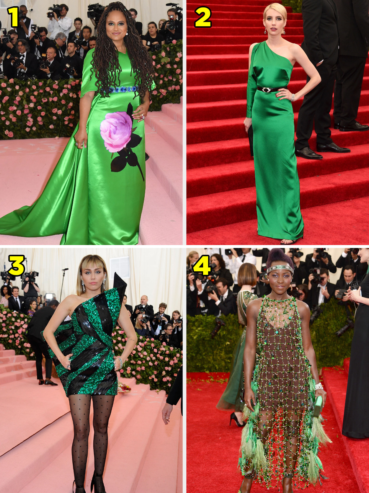 1. A shortsleeved dress belted at the waist with a giant flower printed on the front. 2. A one shoulder gown with a belt at the waist. 2. Asymmetrical minidress with sequins and stripes. 4. A short dress with a flapper-style metal overlay.