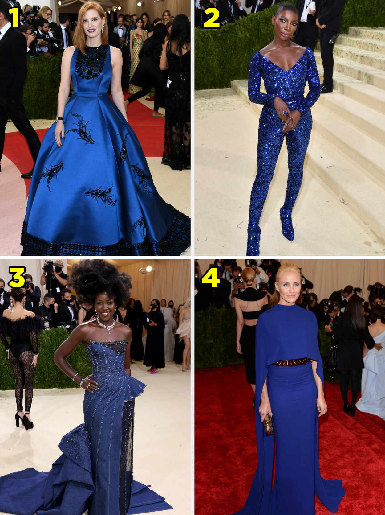 1. A high neck ballgown with flower appliques. 2. A formfitting glitter jumpsuit. 3. A denim strapless gown with an asymmetrical skirt and train. 4. A long gown belted at the waist with a matching overlay on top.