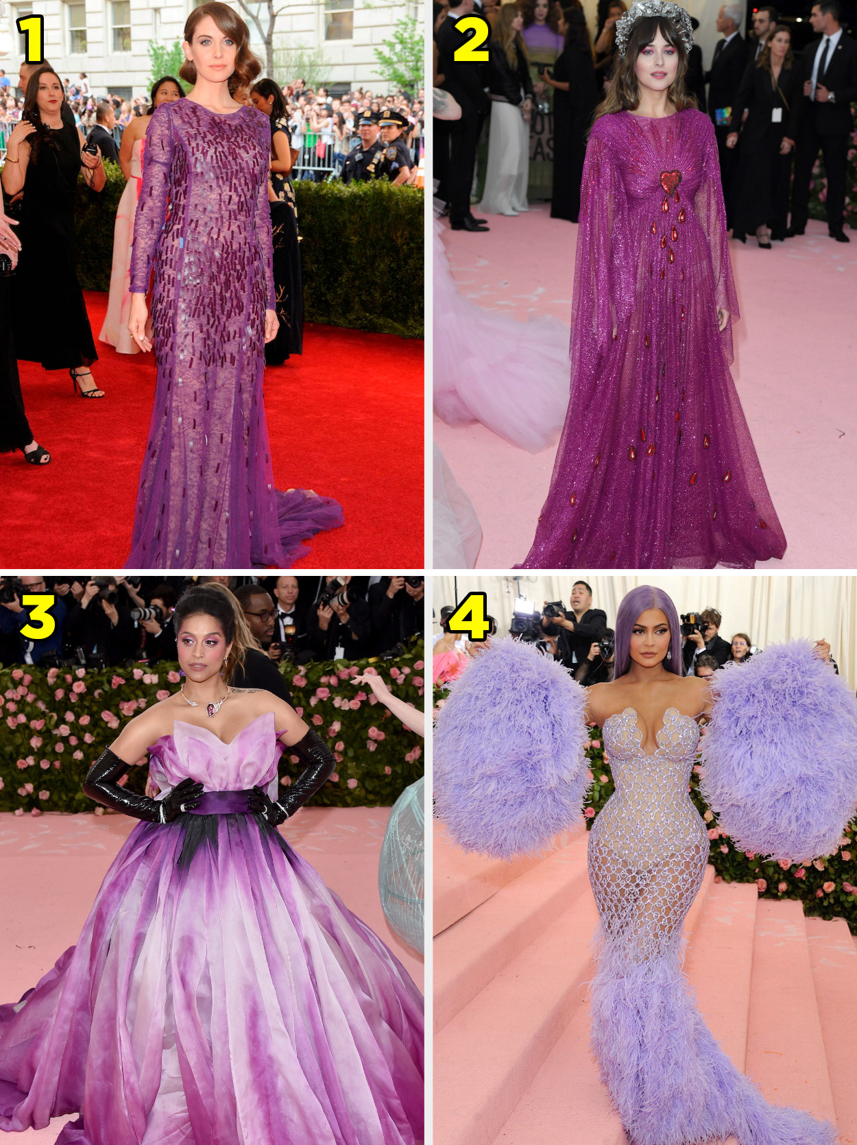 1. A longsleeved lace gown with sequins. 2. A longsleeved flowing gown with bell sleeves and a dropping heart applique. 3. A strapless gown that mimics flower petals. 4. A corsetted gown made of gems and feathers on the skirt and a feather boa.