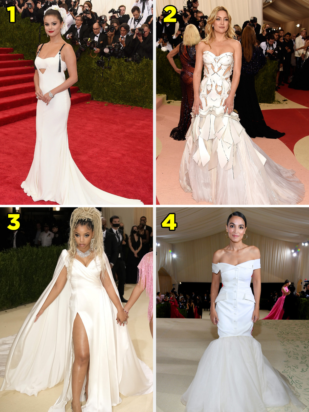 1. a sleeveless dress with a cutout beneath the bust. 2 A strapless gown with a geometric pattern. 3. A sleeveless gown with a cape and thigh slit. 4. An off shoulder gown with buttons down the front and &quot;Tax the Rich&quot; written on the back.