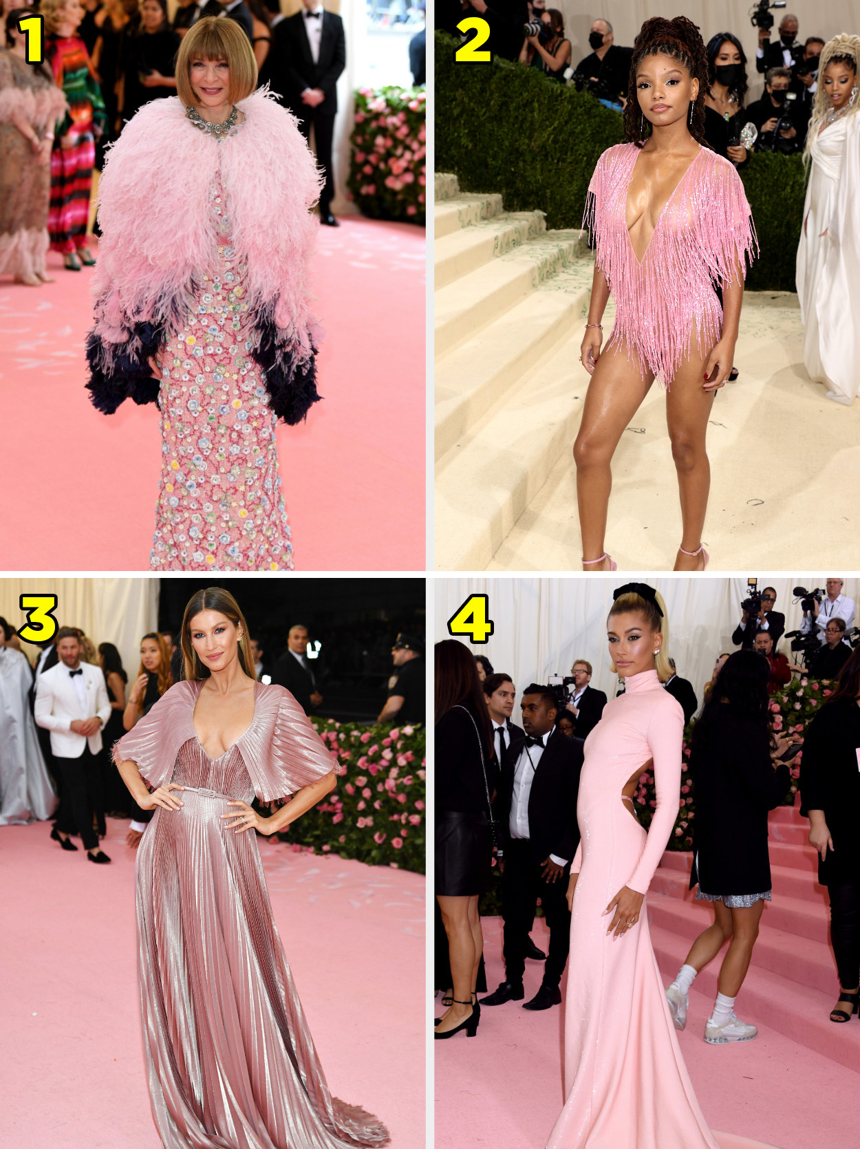 1. A floral gown with a feather coat on top. 2. A bodysuit made of fringe. 3. A pleated shortsleeved gown. 4. A turtleneck gown with a completely open back.