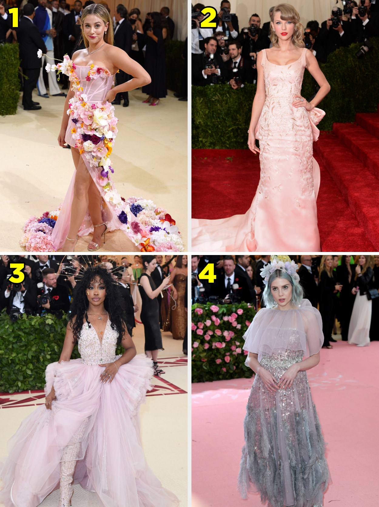 1. A pink corset gown with every US state&#x27;s flower. 2. a strapless gown with a giant bow on the back. 3. A sleeveless gown with a giant ballgown skirt and crown. 4. A mesh gown with sequins and an overlay.