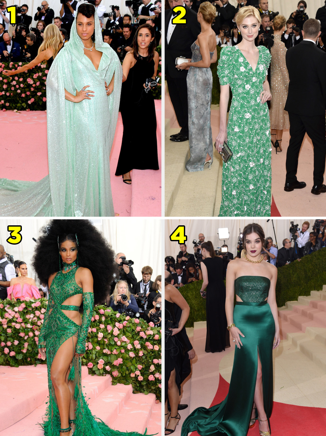 1. A long sequined gown with a hood. 2. A short sleeved gown with a floral pattern. 3 a sleeveless dress with cut outs on the ribs and hips. 4. Strapless gown with cutouts by the ribs.
