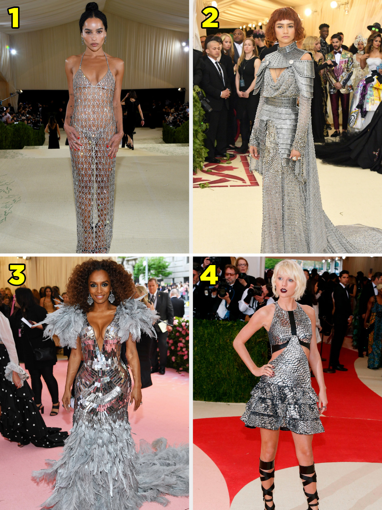 1. A mesh overlay gown thats totally see through. 2. A metal gown that looks like Joan of Arc. 3. A trumpet style gown with feathers at the shoulders and skirt. 4. a short gown with a snakeskin pattern.