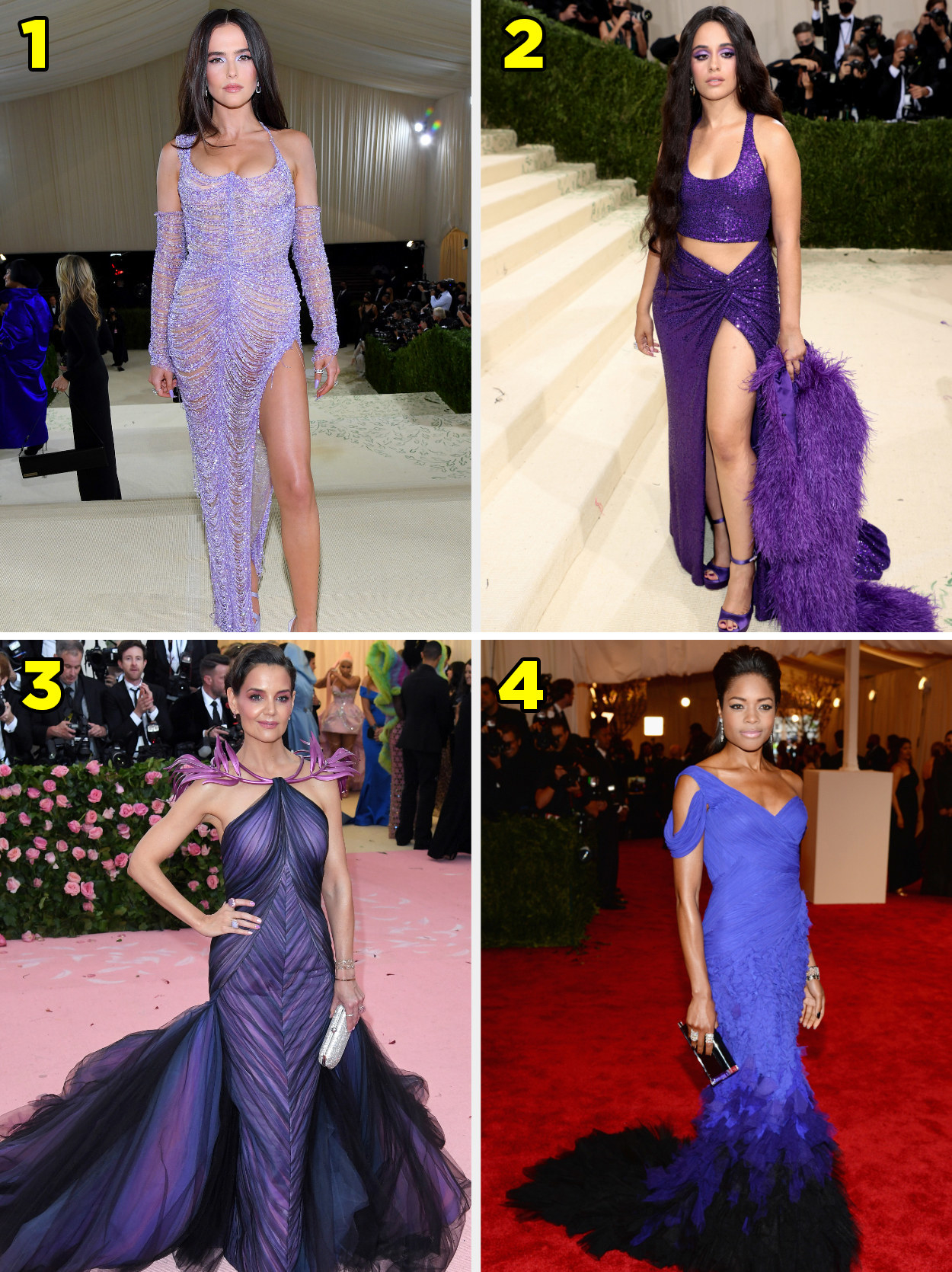 1. A see through gown with a thigh slit made of jewels. 2. A two piece gown with a thigh slit and a feather boa. 3. A halter neck gown with ruching and feathers coming from the neck. 4. A one shoulder gown with feathers on the skirt