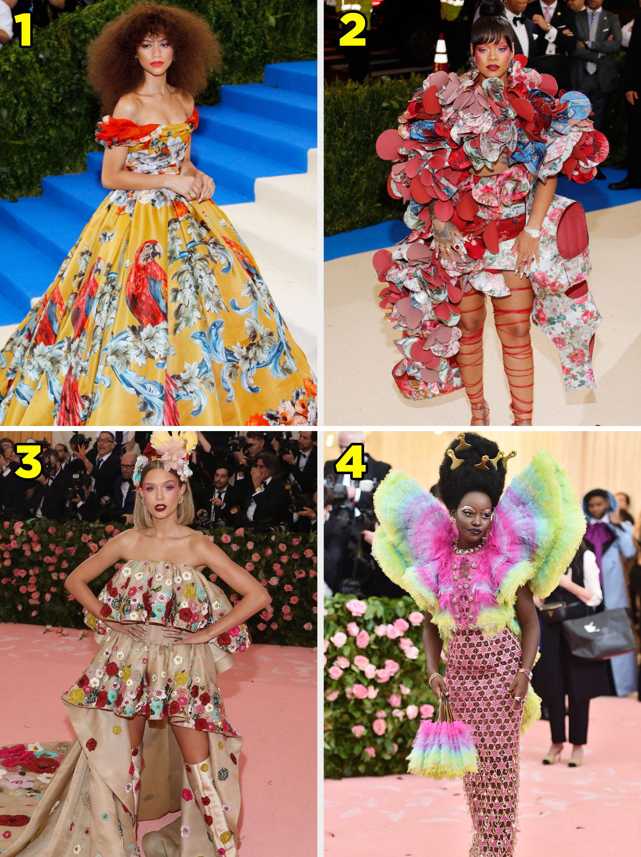 1. An off shoulder ballgown with a parrot printed on it. 2. A textured asymmetrical gown with floral print. 3. A tiered gown with flowers painted on. 4. A straight gown with giant shoulder pads made of feathers.