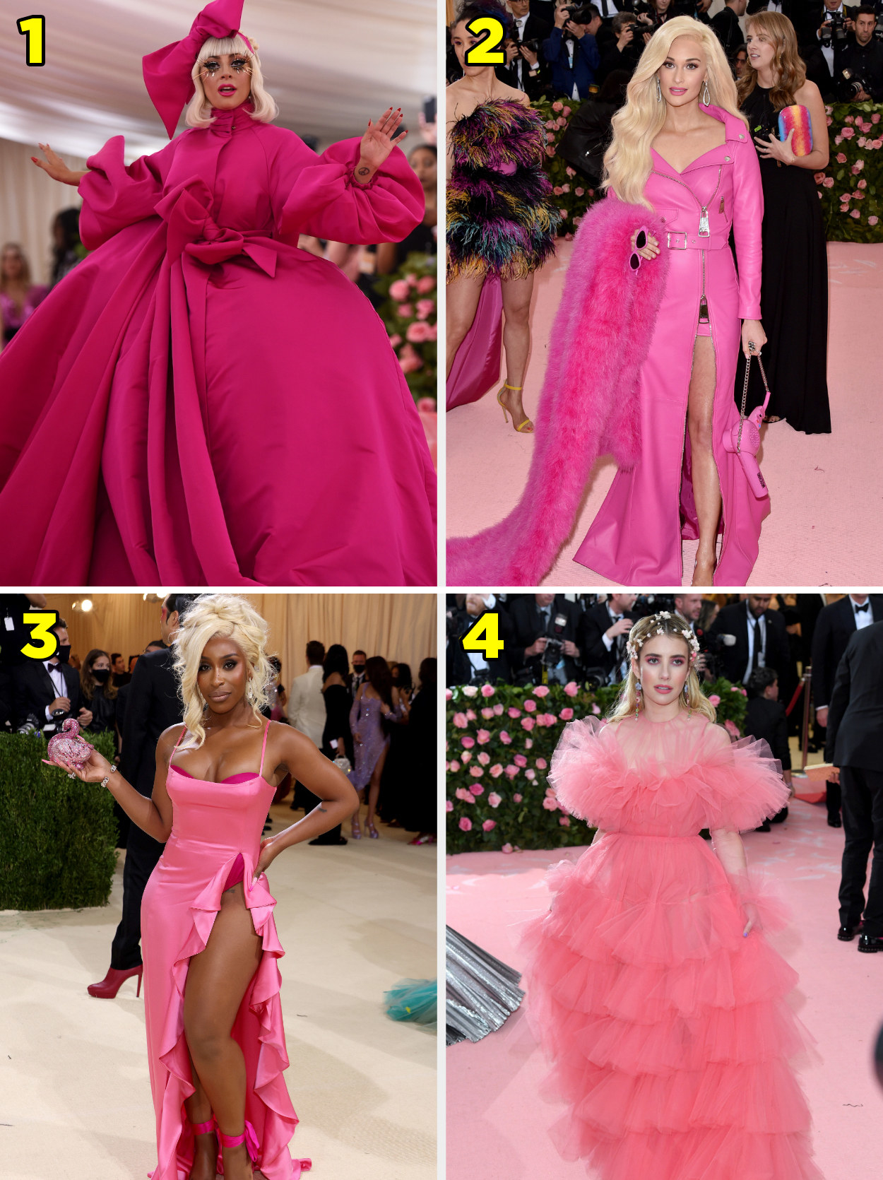 1. A ballgown tied at the waist with a matching hair bow. 2. A leatherjacket dress with a slit on the thigh and a feather boa. 3. A sleeveless gown with ruffles and a slit all the way up to the waist. 4. A tiered poofy ruffled gown.