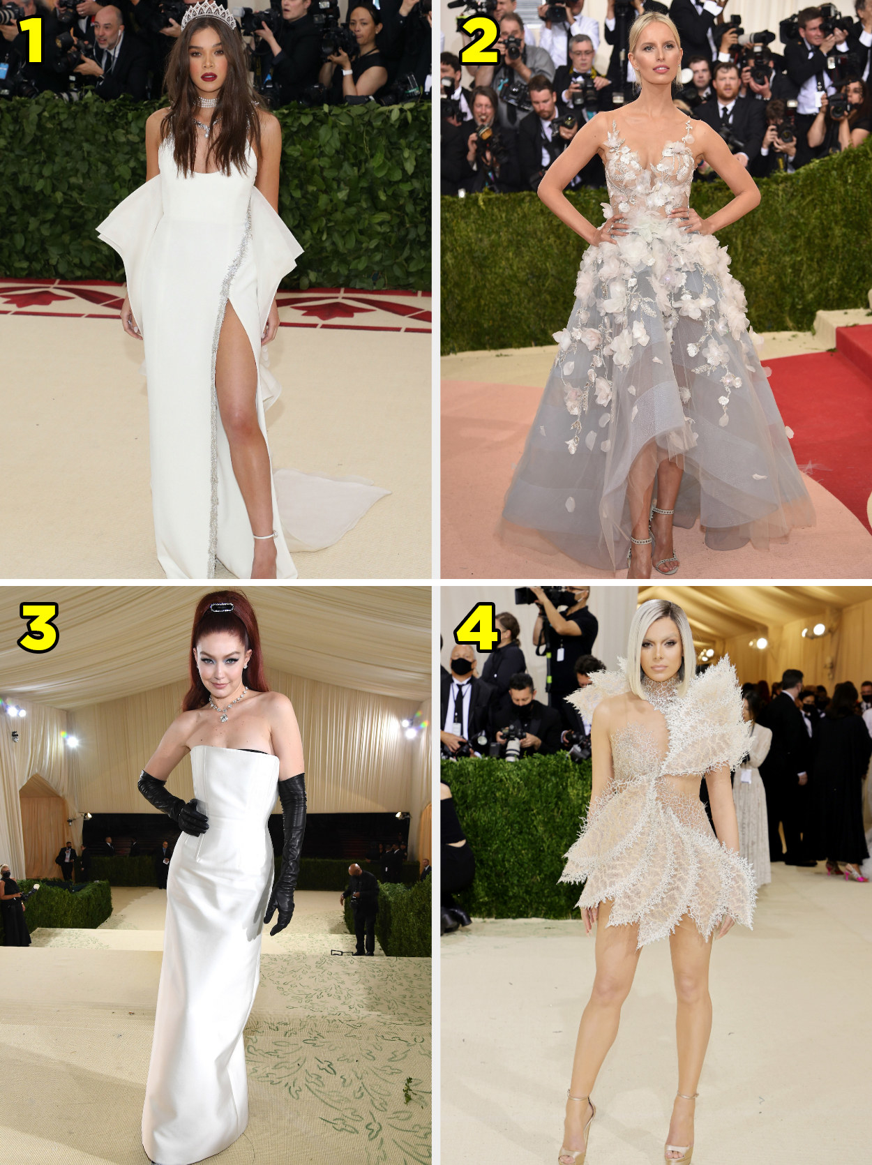 1. A gown with a thigh slit and a crown. 2. A strapless gown with floral appliques. 3. A strapless gown with long gloves. 4. A short dress that&#x27;s meant to look like feathers.