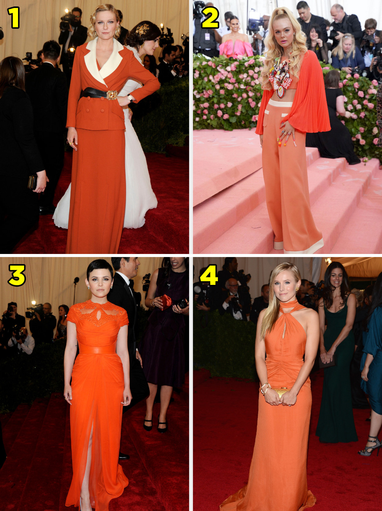 1. A blazer belted at the waist and a straight skirt. 2. a crop top with flowy bell sleeves and a funky necklace with appliques and matching pants. 3. A shortsleeved gown with a lace neckline. 4. a halter gown with a key hole on the chest.