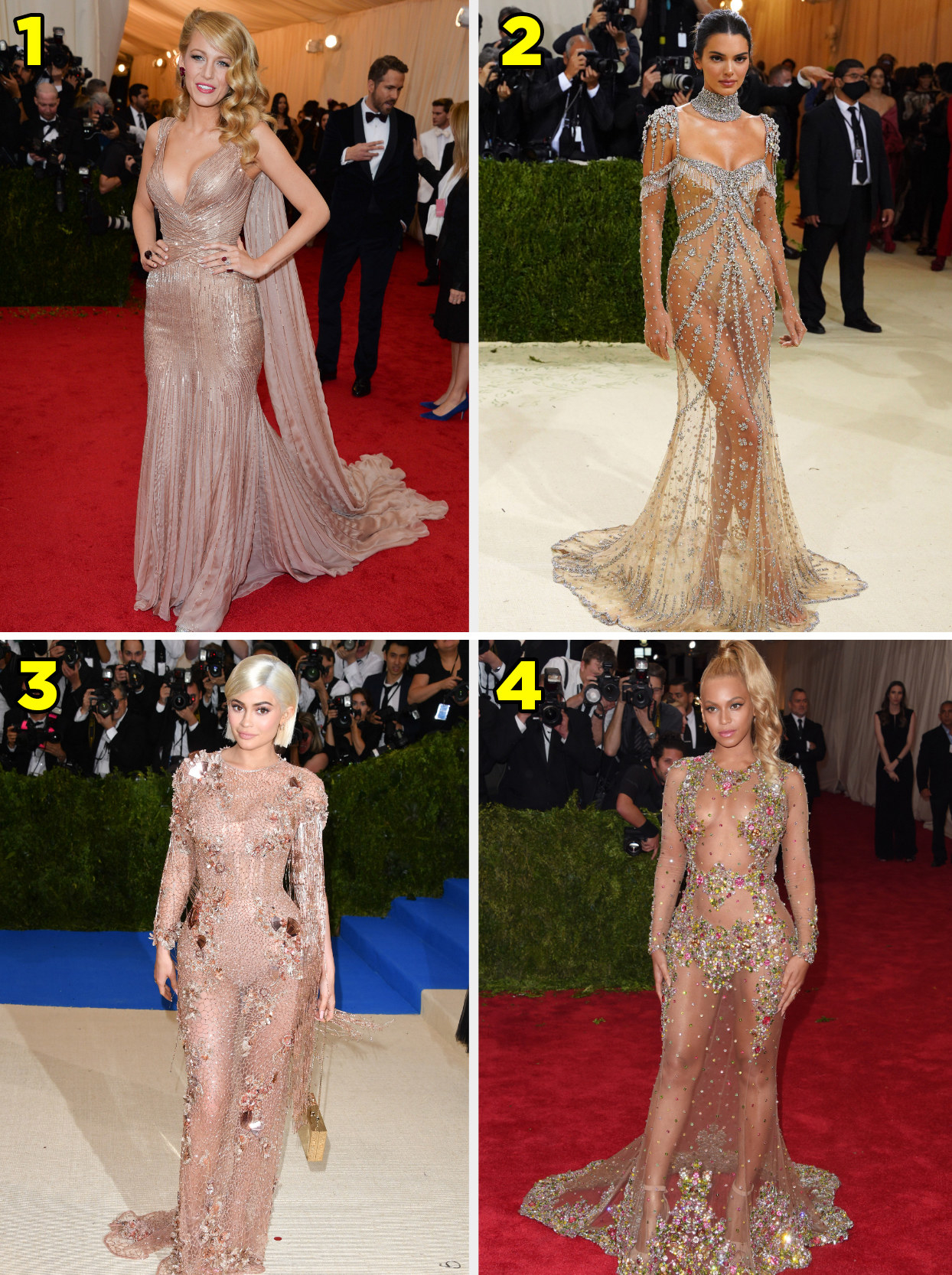 1. A sleeveless gown with a long cape. 2. A totally sheer gown with metal accents. 3. A totally sheer gown with floral appliques. 4. A totally sheer gown with metal ornate detailing.