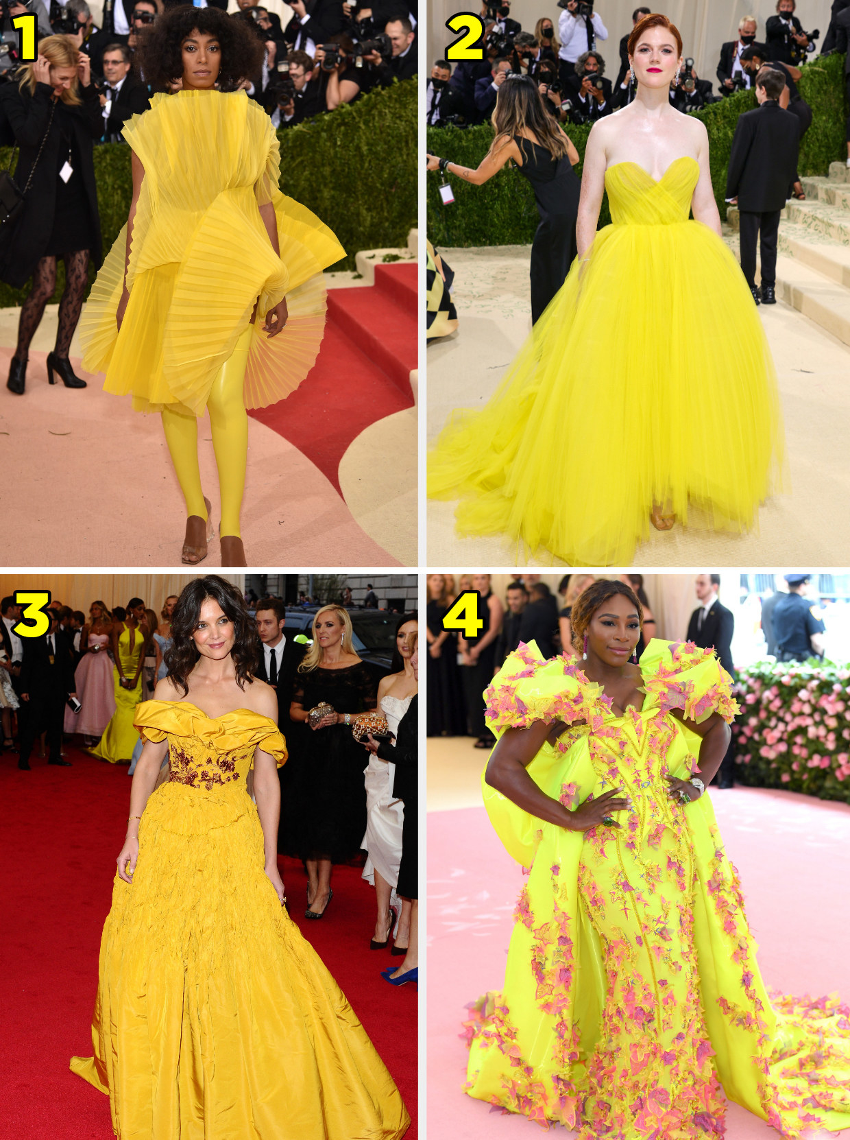 1. Asymmetrical dress with ruffles worn over matching leggings. 2. A chiffon ballgown. 3. Off the shoulder ballgown with ruching on skirt. 4. A gown with shoulder pads and a cape with flower appliques.