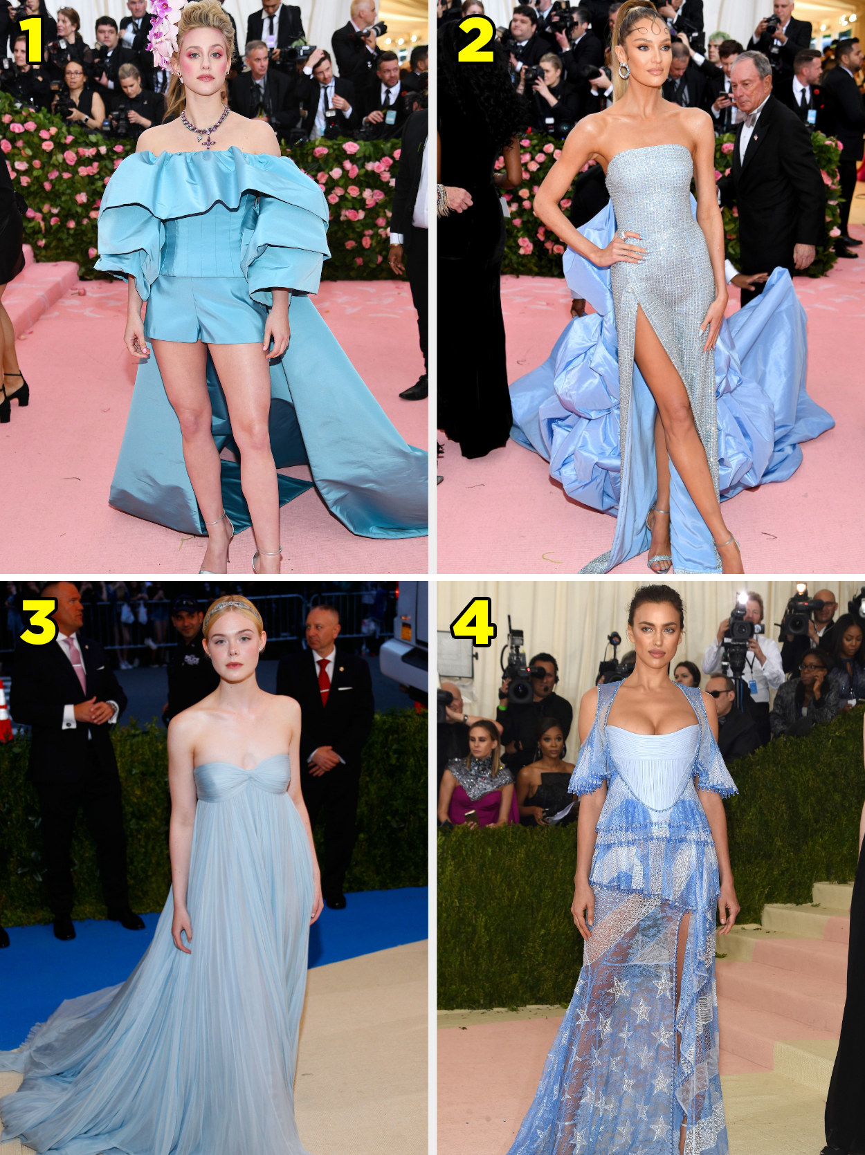 1. A poofy romper with a huge train following behind. 2. A strapless gown with a thigh slit and a poofy bustle 3. A flowy strapless gown. 4. A corsetted gown with cold shoulder sleeves and an american flag pattern.