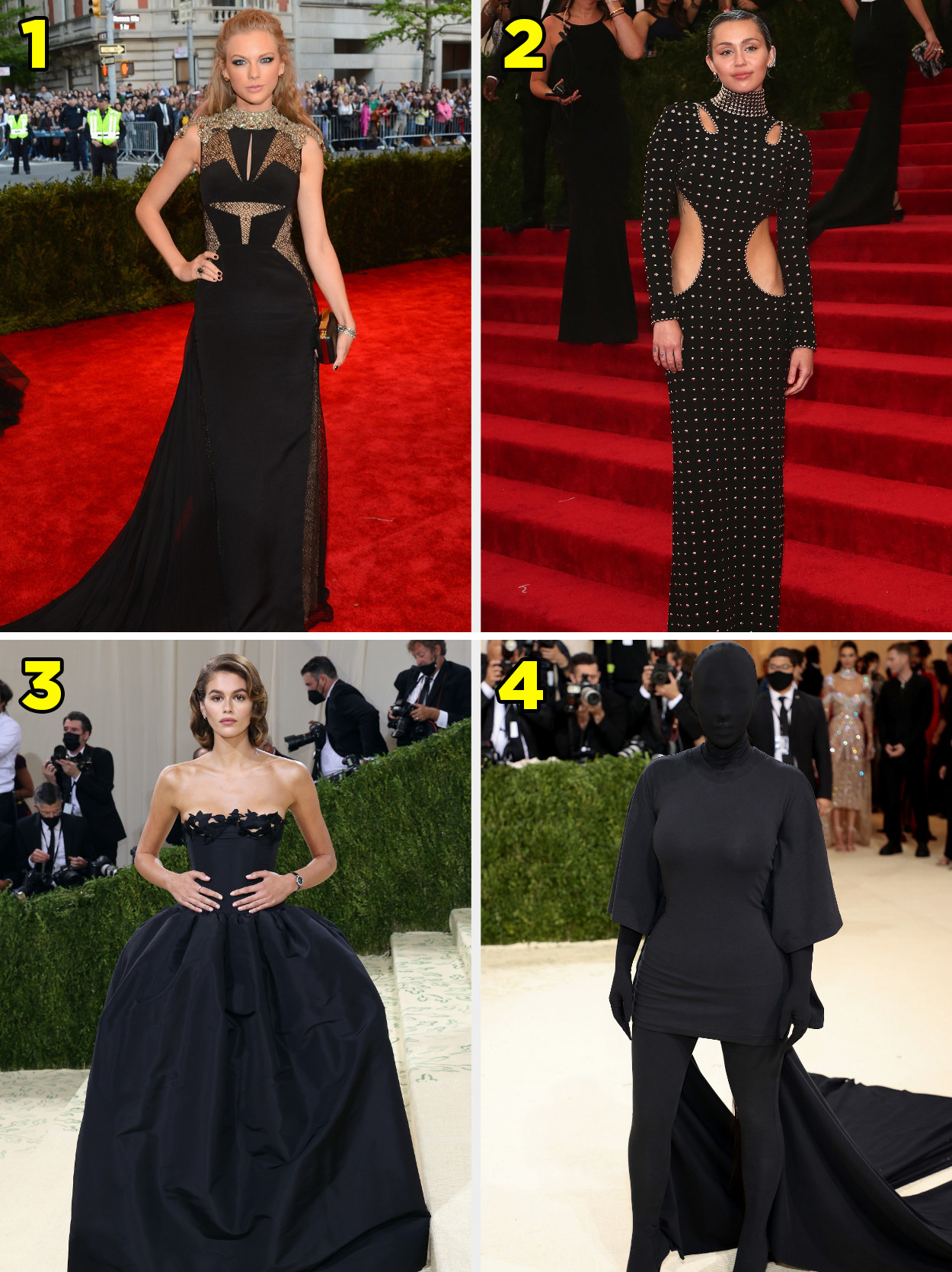 1. A long gown with sheer cutouts on the ribs and hips. 2. A long sleeved gown covered in studs. 3. A strapless ballgown. 4. A head to toe look totally covered in fabric so you can&#x27;t see the person&#x27;s face.