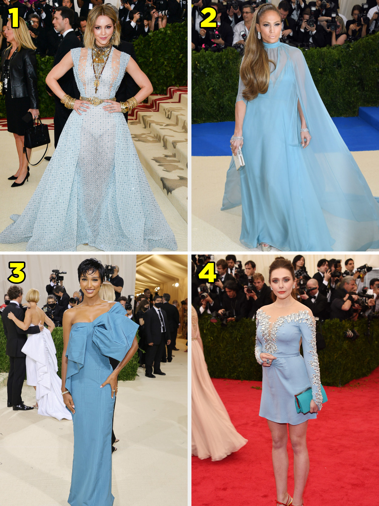 1. A sheer gown that imitates an upside down triangle with a pattern. 2. A long gown with a mock turtleneck and a cape. 3. A straight gown with a giant bow tied in the front. 4. A short dress with a jeweled neckline and sleeves.