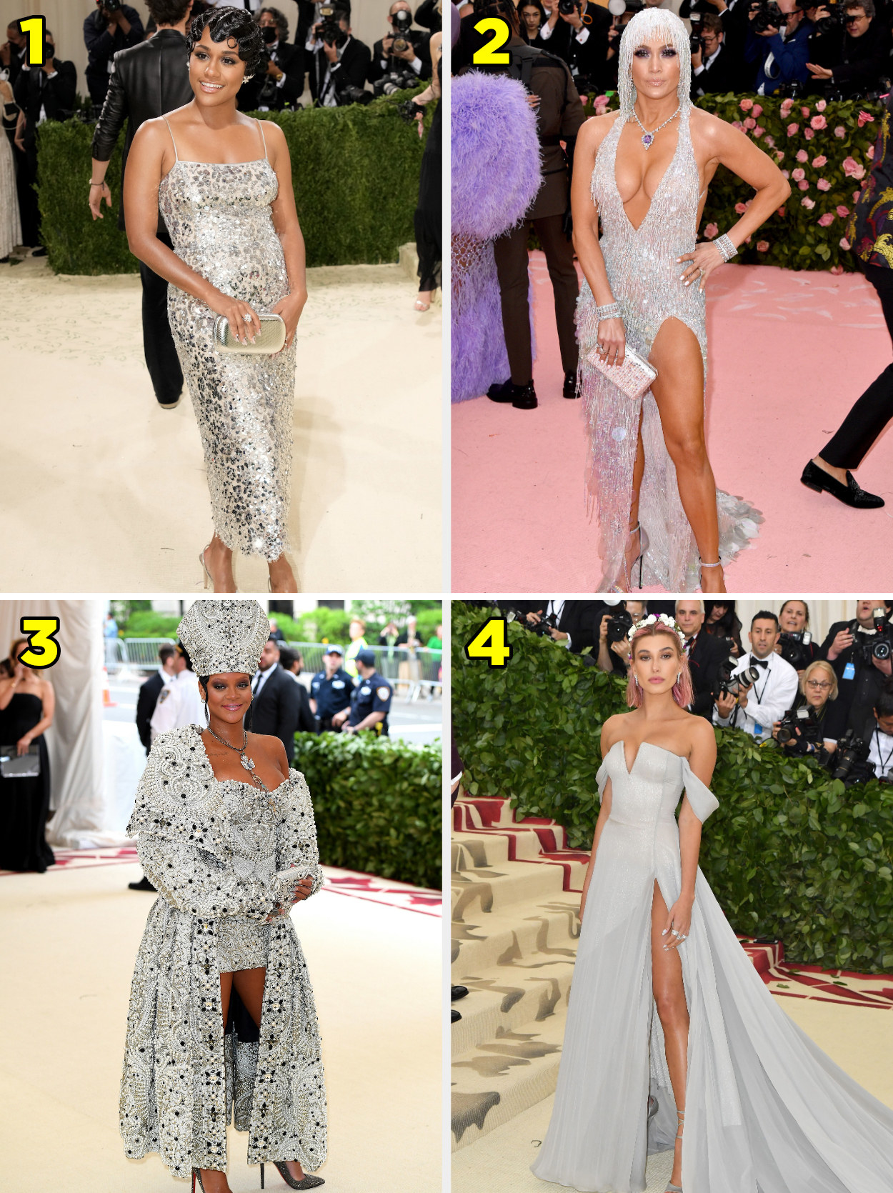 1. A midi length dress with sequins. 2. A sheer glittering gown with a matching fringe veil. 3. A short jeweled dress with a matching coat and pope hat. 4. An off shoulder gown with thigh slit.