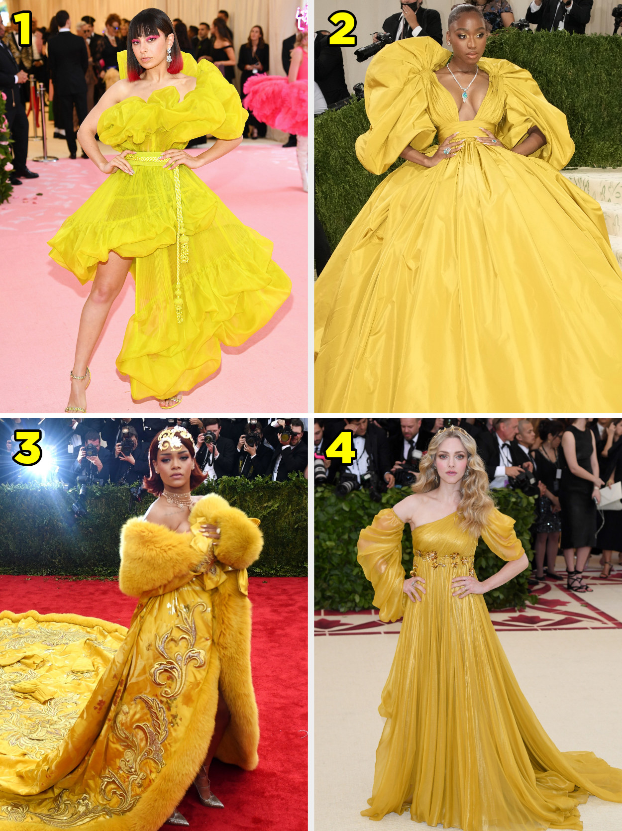 1. Asymmetrical strapless gown with giant ruffles. 2. Giant ballgown with poofy sleeves. 3. A fur coat with a huge train and ornate detailing. 4. One shoulder goddess style gown with a cinched waist and crown.
