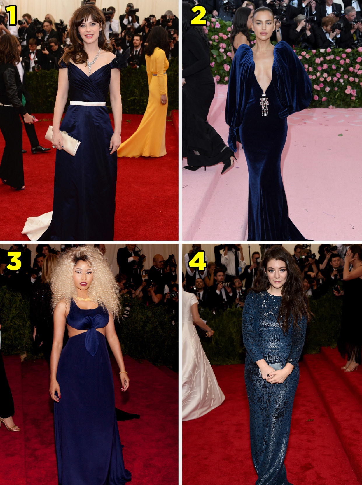 1. An off the shoulder gown with a sash cinching the waist. 2. A deep v gown with poofy sleeves. 3. A sleevless gown with cutouts by the ribs. 4. A long sleeve gown with a lace floral pattern.
